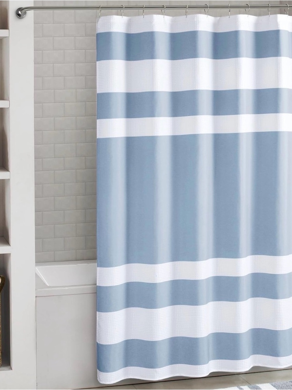 Madison Park Waffle Striped Blue and White Shower Curtain - Home Bath